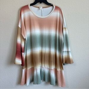Crepas Top Tie Dyed Striped Flare Bell Ruffle Sleeve Boho Bohemian Plus Size